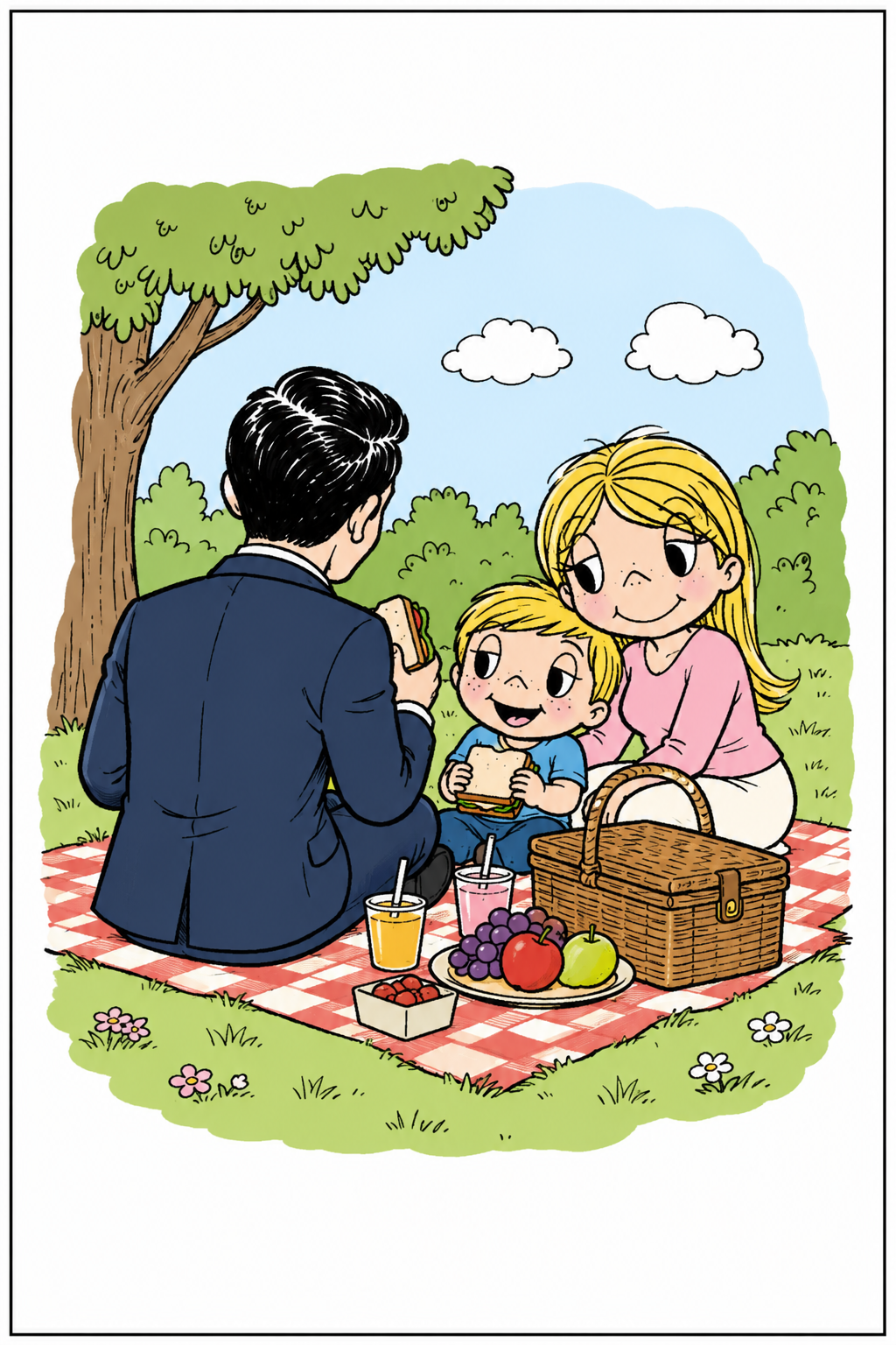 A family sharing a peaceful picnic — life gradually beginning to change, with more freedom and calm.